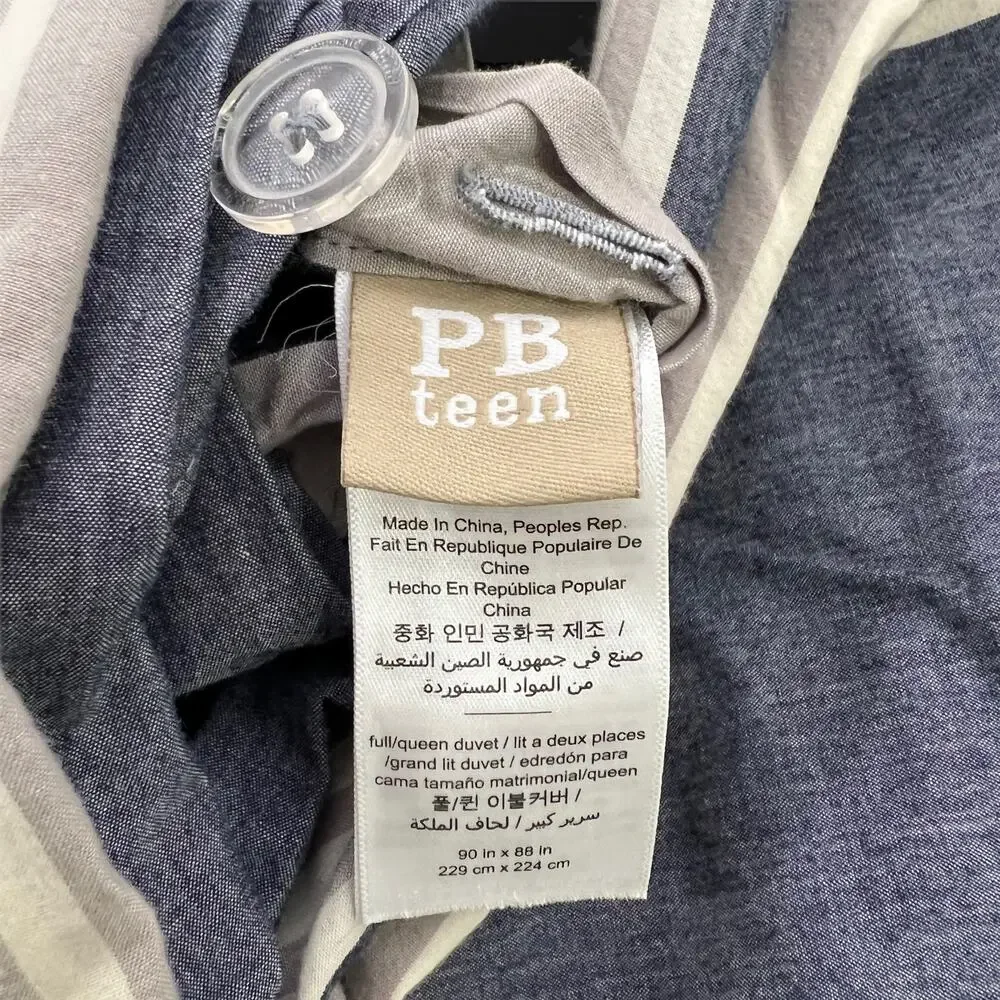 Pottery Barn‎ Duvet Cover Beachstone Slate Blue Cream Stripe F/Q Cotton 90